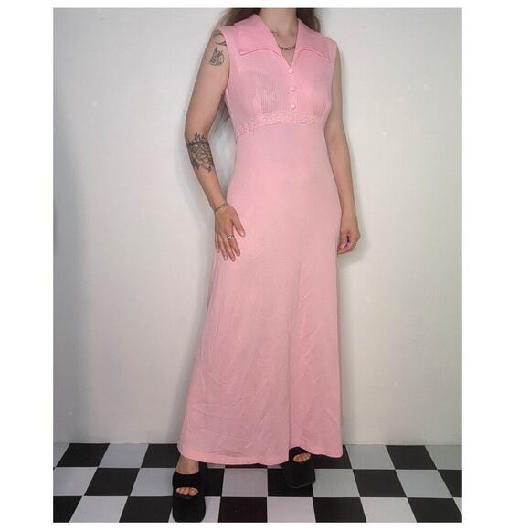 60s 70s Vtg Boho Mod Light Pink Long Maxi Empire Waist Wing Collared Dress Sz Md - Picture 4 of 8